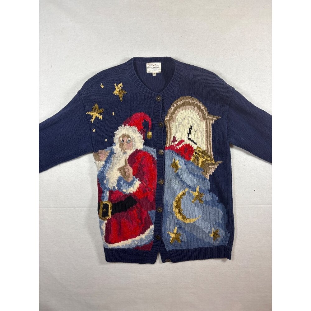 Susan Bristol Hand Knit Christmas Sweater With Santa & Clock Design Size S